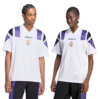 Real Madrid adidas jersey, white with purple and black shoulder panels, two front views