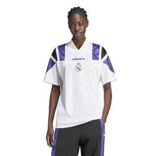 Real Madrid adidas jersey, white with purple and black shoulder inserts, V-neck
