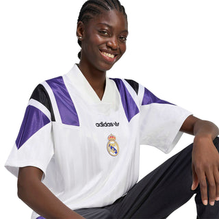 Real Madrid adidas jersey, white with adidas logo and Real Madrid crest, V-neck