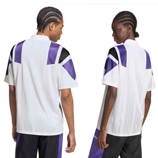 Real Madrid adidas jersey, back and side views in white with purple and black panels