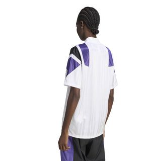 Real Madrid adidas jersey, rear view in white with purple and black shoulder panels