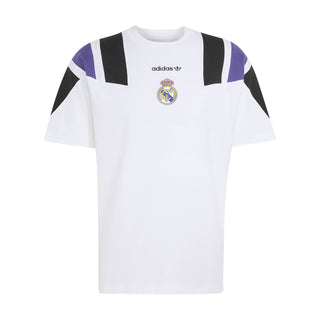 White men’s soccer tee with black and purple stripe panels, adidas logo, Real Madrid crest