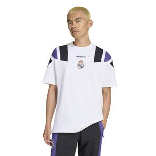 Men’s white Real Madrid tee with black and purple stripe shoulders and chest logos
