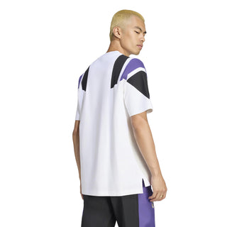 Men’s white Real Madrid tee in side view with black and purple stripe sleeves