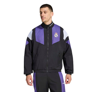 Men's Real Madrid EQT track jacket with black hood, purple chest panel and zip front