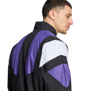 Men's Real Madrid EQT track jacket side view with black, purple and white geometric panels