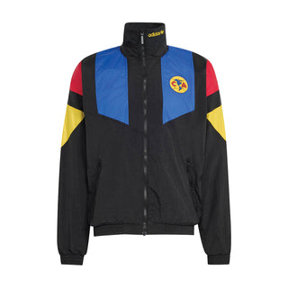 Mens black track jacket with blue panels, red and yellow side accents, full zip