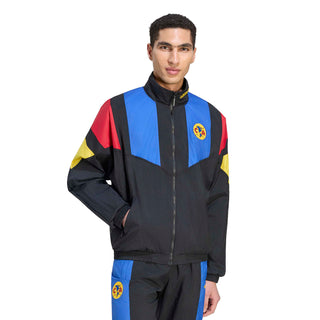 Mens black track jacket with color-block sleeves, blue center panel, zip front