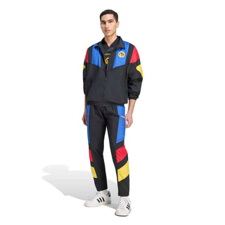 Mens black track jacket with blue, red, and yellow color-block design, stand collar