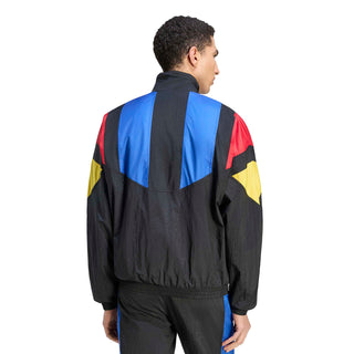Mens track jacket back view with black base and blue panel, red and yellow accents