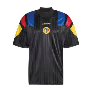 Men's black soccer jersey with colorful shoulder panels and Club America crest