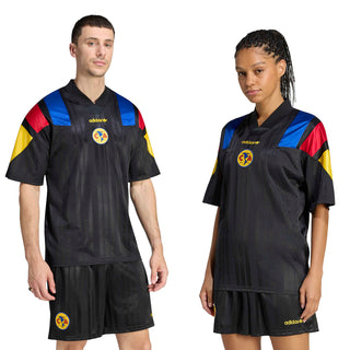 Men's black soccer jersey and shorts set with colorful shoulder panels and Club America crest