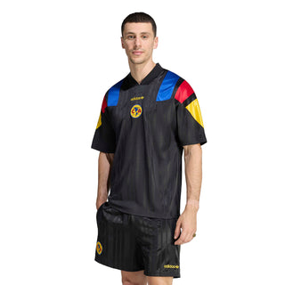 Men's black soccer jersey with stand collar, colorful shoulder panels, Club America crest