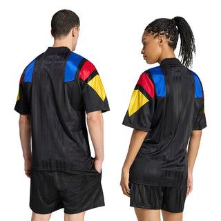 Black soccer jersey and shorts set, back view with colorful shoulder panels