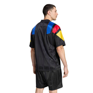 Black soccer jersey back with colorful shoulder panel stripes