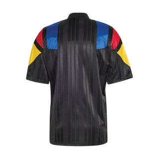Black soccer jersey back with colorful shoulder panel stripe accents