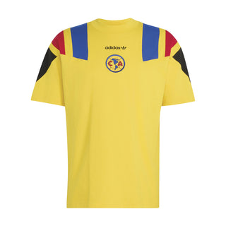 Men's yellow graphic soccer T-shirt with blue and red shoulder stripes