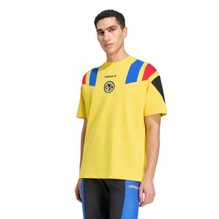 Men's yellow soccer T-shirt with blue/red shoulder stripes and crest logo