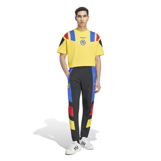 Men's yellow soccer T-shirt with blue/red shoulder stripes and team crest