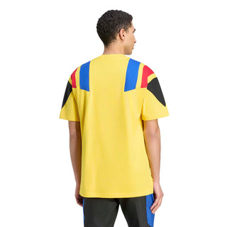 Men's yellow soccer T-shirt back view with blue/red shoulder stripes