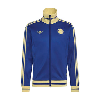 Mens blue track jacket with full-zip front, ribbed collar, and gold stripe sleeves