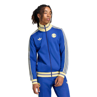 Mens blue zip-up track jacket with stand collar, gold stripe sleeves, and cuff trim