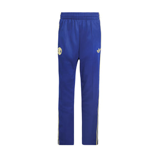 Men's blue track pants with elastic waistband and side stripe detail