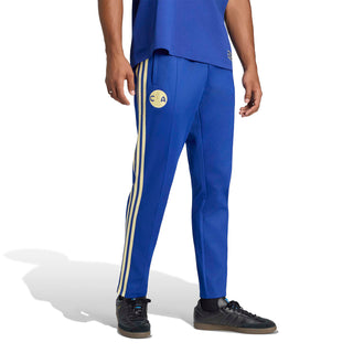 Men's blue track pants with side stripe taping and logo badges
