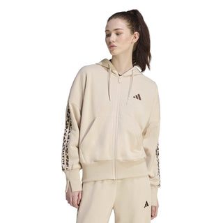 Women’s beige zip-up hoodie with animal-print sleeve stripes and adidas chest logo