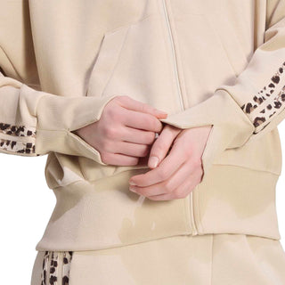 Beige zip-up hoodie sleeve with ribbed cuff and animal-print side panel detail