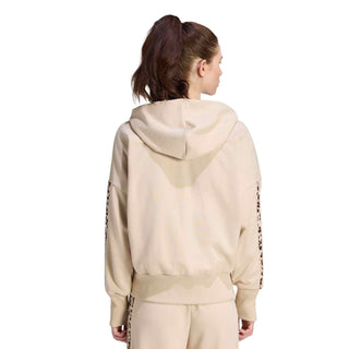 Women’s beige back view zip-up hoodie with animal-print sleeve stripes