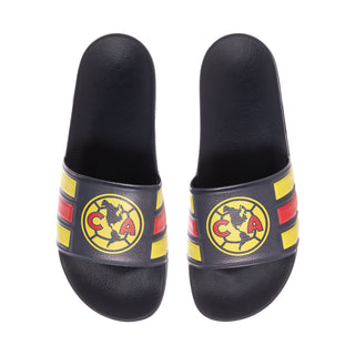 Men's slide sandals, dark navy uppers with yellow-red stripes and circular crest
