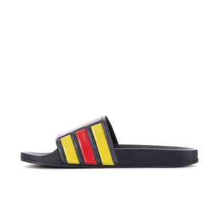 Men's slide sandals in dark navy with wide striped strap and flat sole