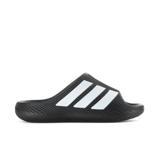 Men's black slide sandals with three white strap stripes and textured upper