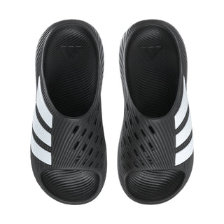 Men's black slide sandals with two white stripe bands and vented toe
