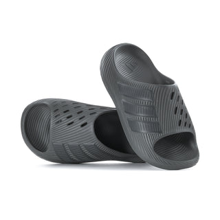 Grey slide sandals with open toe, contoured footbed, and vented upper