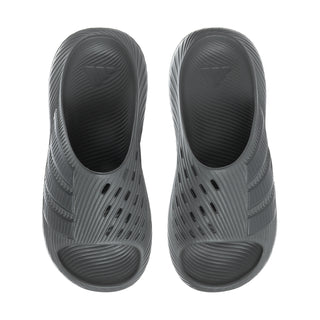 Pair of grey slide sandals with open toe and perforated side panels