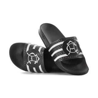 Men's black slide sandals with white stripes and circular logo on the strap