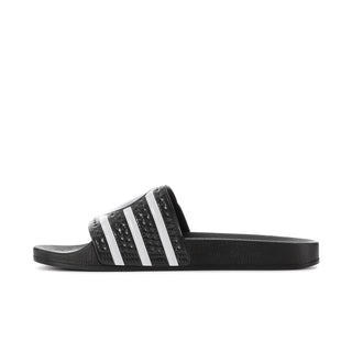 Men's black slide sandals with white three stripes on the front strap