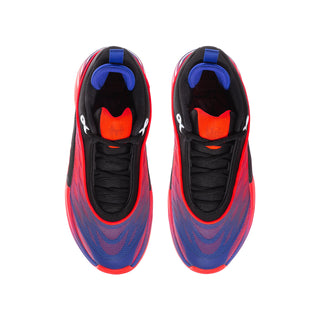Pair of youth basketball shoes, black uppers with red and blue toe and laces
