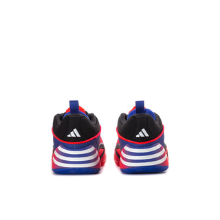 Back view of youth basketball sneakers with black heel, red trim, and blue stripes