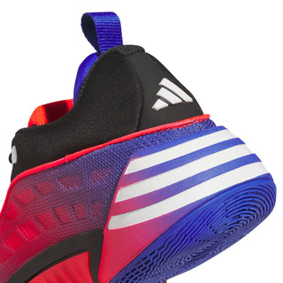 Close-up heel and outsole of youth basketball shoe with black upper and blue stripes