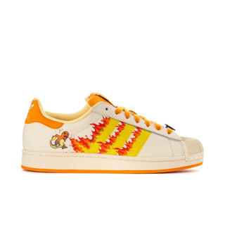 Men's Superstar II sneakers in white with orange trim, rainbow character graphic, orange outsole