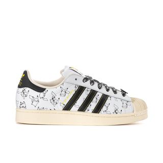 Men's white and black low-top sneakers with cartoon Pikachu print, three stripe accents
