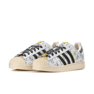 Men's white low-top sneakers, allover character print, black laces and cream rubber sole