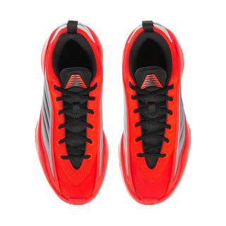 Men's red athletic shoes with black lace-up closure and black interior lining