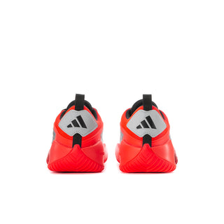 Men's red athletic shoes from the heel view with gray heel details