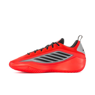 Men's red low-top athletic shoe with gray side panel and black laces