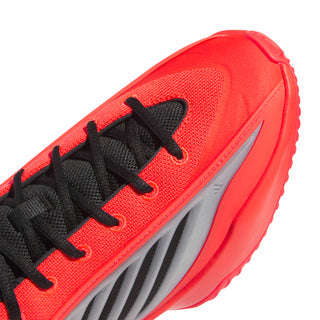Close-up of red upper with black lace hardware and gray stripe trim