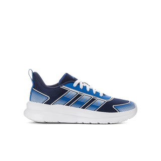 Youth running sneaker in navy and blue with white accents, lace-up design